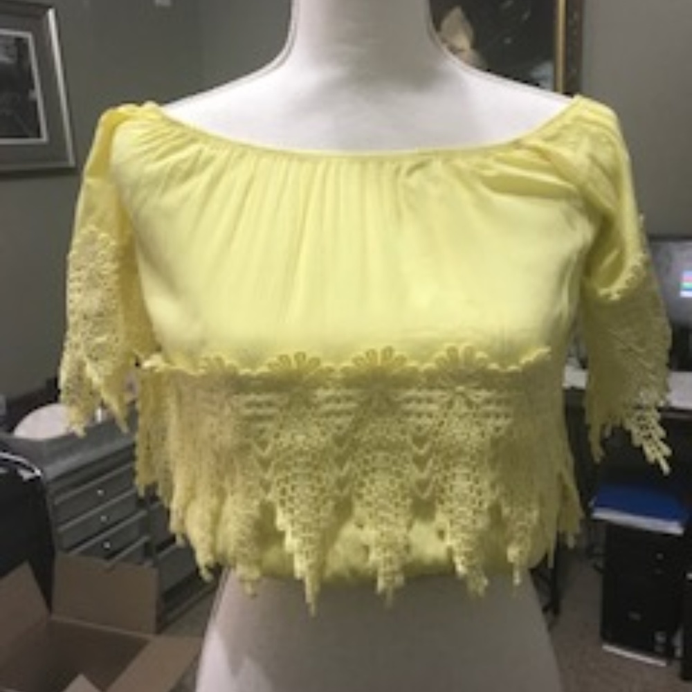 soft yellow belly shirt, off the shoulder